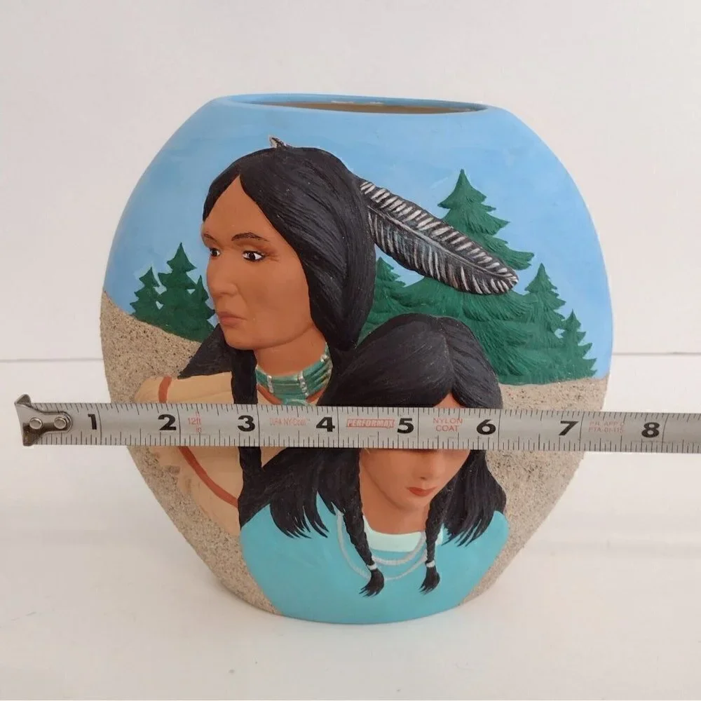 Vintage 1994 Ceramic Hand Painted Native American 3D Indian Couple Vase